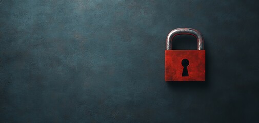 Fototapeta premium A vintage red padlock on a textured dark background, symbolizing security and privacy concepts in a minimalist style.