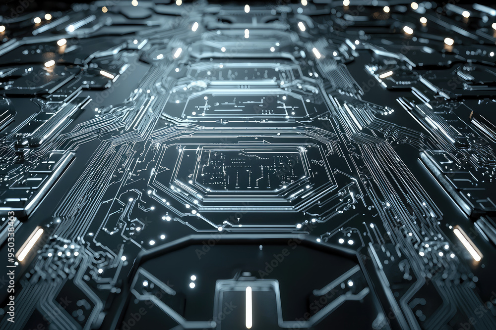 Poster exploring the depths of a sleek and polished silver futuristic circuit board design infused with int