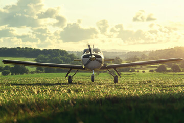 Soaring Dreams: A Small Propeller Plane Takes Flight Against a Backdrop of Rolling Green Fields and Dappled Clouds