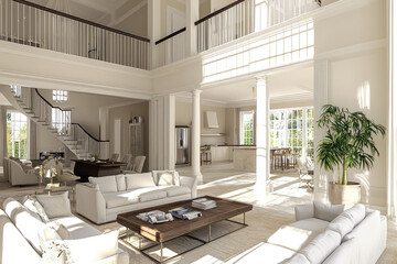 Fototapeta premium Explore the Elegance of a Sunlit Open-Plan Living Area, Fusing Comfort and Style in a Stunning Modern Home Design.
