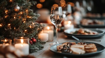 A table set for a festive feast, featuring ornate plates with food, candles, Christmas ornaments, and a small decorated tree, showcasing a warm, celebratory, and inviting atmosphere.