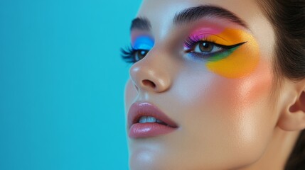 A portrait of a woman with a creative and colorful makeup look, featuring vibrant eyeshadows and artistic designs, set against a simple background to emphasize the boldness of her makeup.