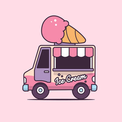 Cute ice cream truck vector cartoon illustration