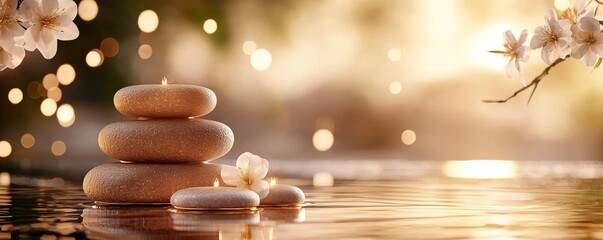 Obraz premium A calming spa scene with bamboo elements, hot stones, and flowers, all captured in warm, inviting light