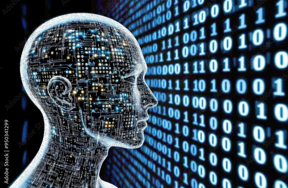 Poster futuristic digital art portraying artificial intelligence with a humanoid figure and binary code bac