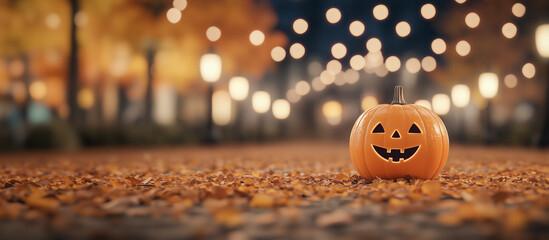 Pumpkin halloween in the evening autumn park. Lights of garlands in the background. Copy space.