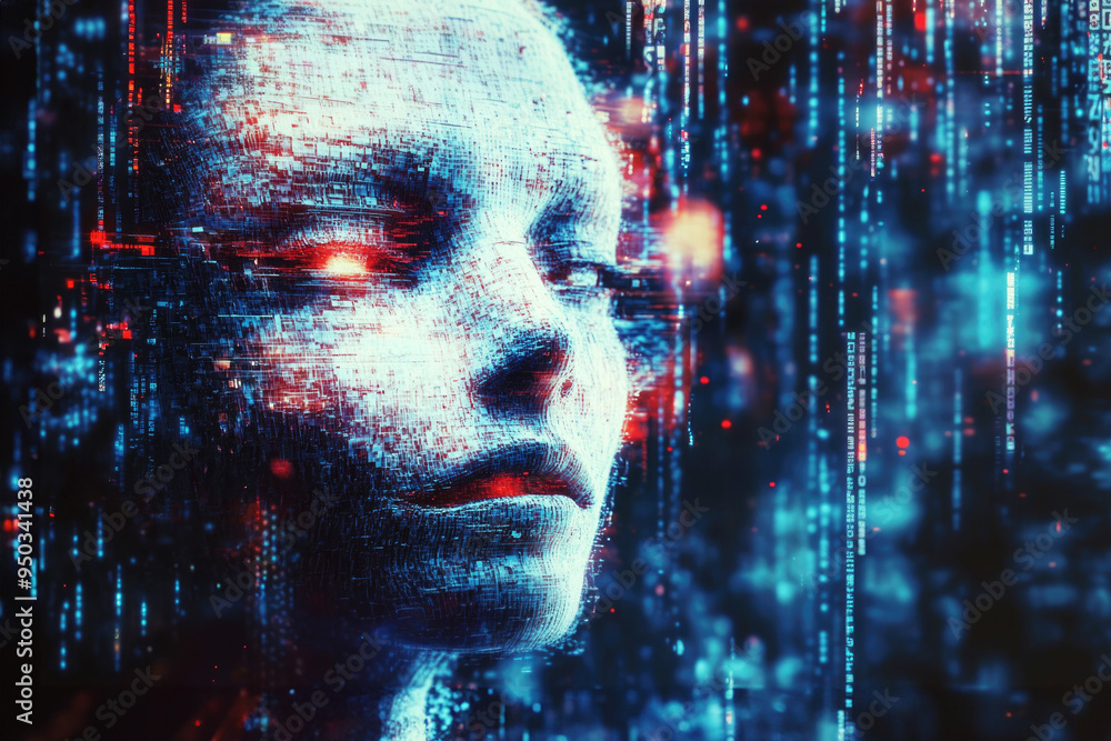 Poster futuristic digital interface with vibrant blue and red hues, featuring blurred elements creating a d