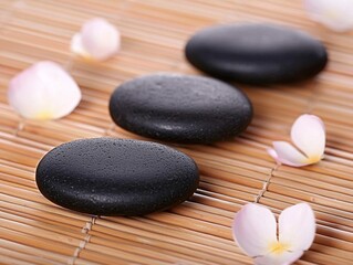 A close-up of smooth hot stones on a bamboo surface, surrounded by petals and illuminated by soft, warm lighting