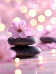 A detailed close-up of hot stones on a bamboo surface, surrounded by delicate flowers, with soft, ambient lighting
