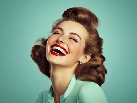 retro portrait of 1940s smiling woman with vintage hairstyle and makeup