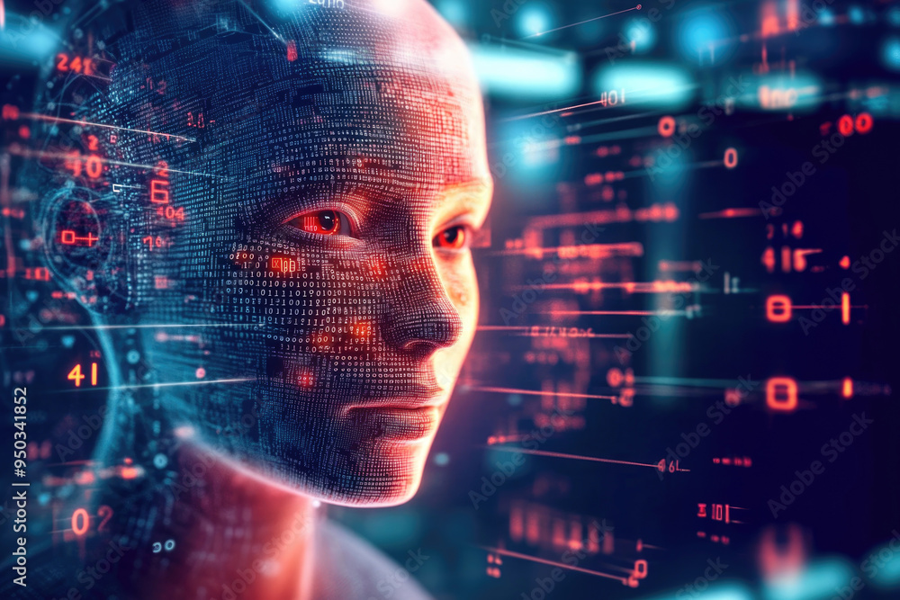 Poster an ai head with digital circuits and holograms, representing advanced technology, artificial intelli