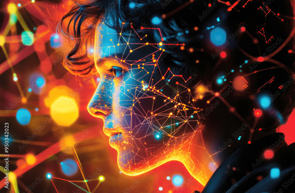 Poster artistic depiction of a human face enhanced with digital network-like patterns glowing in vibrant co