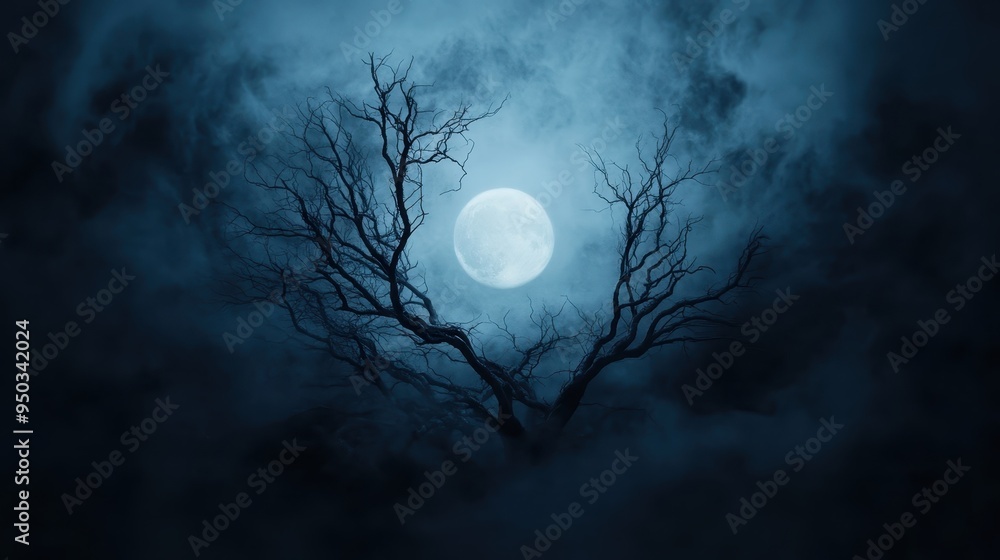 Wall mural this dramatic image showcases the full moon shining brightly behind a barren tree against a dark, cl