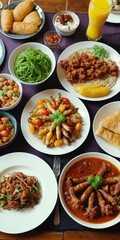 Table full of colorful food. Plates with delicious meal