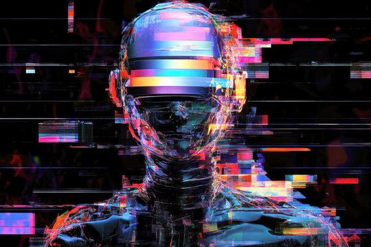 A futuristic cyber figure with glitched elements, occupying a dark and abstract space, representing digital disruption.