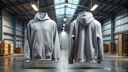 Fototapeta premium In a dimly lit industrial warehouse, a Cloud Grey Boxy Fit Long Sleeve Hoodie hangs eerily still, its front and back views contrasting warmly against the dark surroundings.