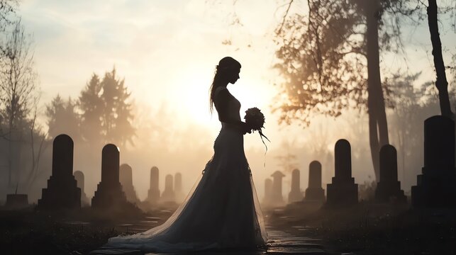 Creepy zombie bride in a misty graveyard, Halloween night, eerie moonlight casting shadows, hauntingly beautiful, undead concept