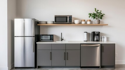 Clean and organized office pantry with a microwave, fridge, and coffee maker, Office kitchen, Workplace organization