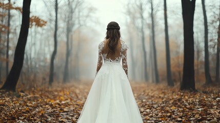 Ghost bride in a foggy forest, ethereal glow, hauntingly beautiful, Halloween spectral wedding theme