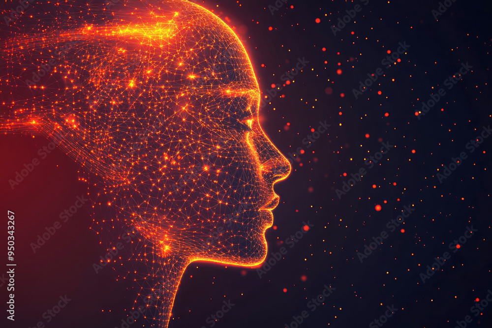 Poster profile of a digitally-created face with glowing connections, symbolizing artificial intelligence an