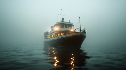 Fototapeta premium Ghost ship sailing in a stormy sea, glowing apparitions on deck, eerie and otherworldly, Halloween maritime horror