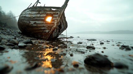 Ghost shipwreck on a rocky shore, eerie glowing apparitions, maritime horror, Halloween haunted sea