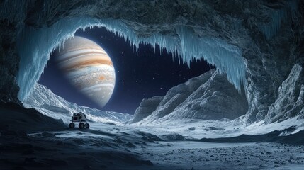 On Europa icy surface, a robot is dwarfed by the enormous Jupiter and a dramatic ice cave illuminated with intense, directional light.