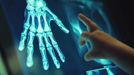 Naklejka premium Pediatric X-ray of a child's hand, showing small bones and growth plates on a digital screen.