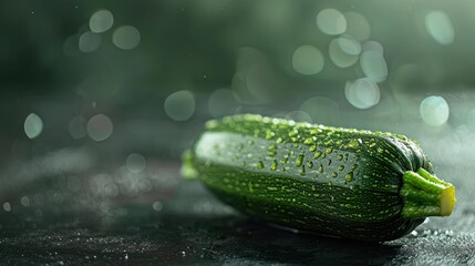 A close-up photograph of a zucchini with water droplets on its surface,