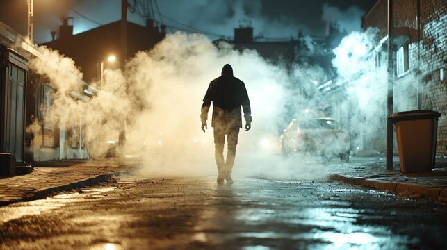 Ghostly figure in a dark alley, eerie fog, unsettling and mysterious, Halloween spectral urban setting