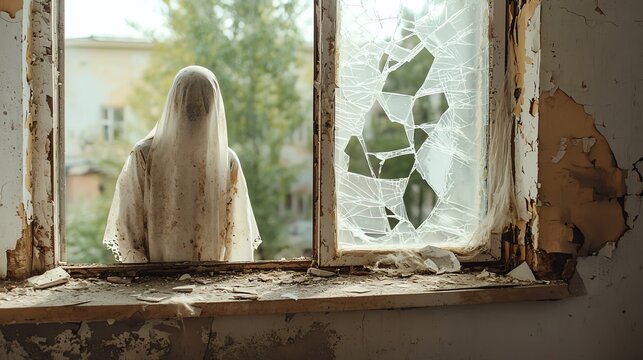 Ghostly figure standing by a broken window, eerie moonlight, abandoned building, Halloween haunted presence