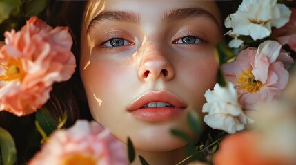 Obraz premium Portrait of a woman with smooth, clear skin and natural beauty, surrounded by fresh flowers.