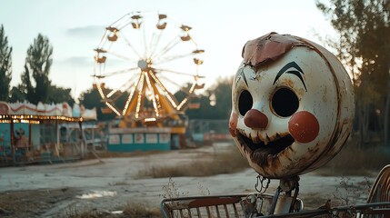 Haunted carnival with ghostly clowns, eerie broken rides, unsettling and spooky, Halloween creepy fair
