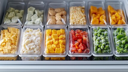 Obraz premium Close-up of a freezer door packed with various frozen food bags, Freezer organization, Frozen essentials