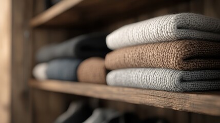 A close-up view of neatly stacked sweaters in various neutral tones, including beige, gray, and brown, arranged on a rustic wooden shelf, representing warmth and coziness.
