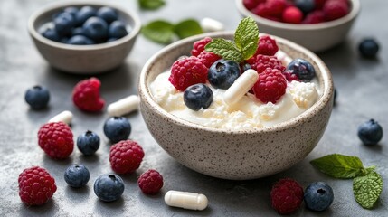 Probiotic supplement capsules and powder next to a bowl of yogurt with fresh berries, emphasizing gut health.