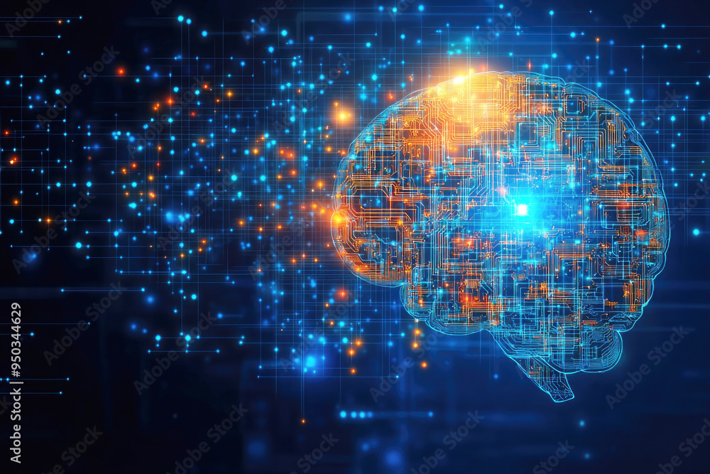 Poster a digital illustration of a neural network in the shape of a brain with glowing elements creating a 