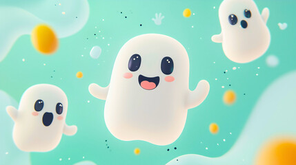 Obraz premium A small, cute spooky Halloween ghost with a childlike face, smiling with glowing black eyes and a hauntingly white body.