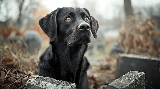 Phantom dog guarding an old graveyard, eerie glowing eyes, haunting and loyal, Halloween spectral pet