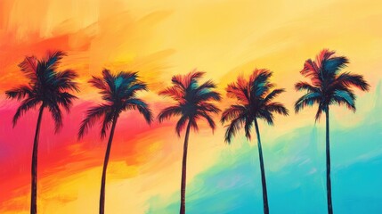 Obraz premium Row of palm trees swaying against a colorful sunset sky, conveying a tropical and relaxing atmosphere.