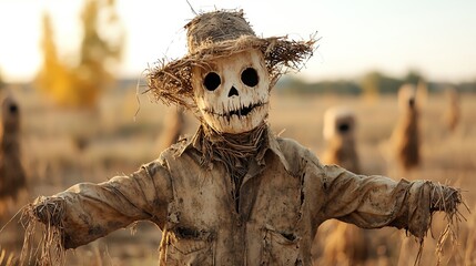 Zombie farmer in a ruined field, eerie scarecrows, unsettling and dark, Halloween agricultural horror