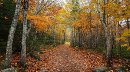 Obraz premium Scenic view of a forest covered in autumn leaves, with trees arching over a narrow hiking trail.