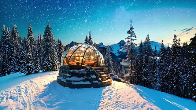 Winter holiday in a luxury modern glass igloo hotel with beautiful view on mountains, forest and night sky