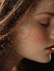 close-up of woman's face with snow in hair and on skin