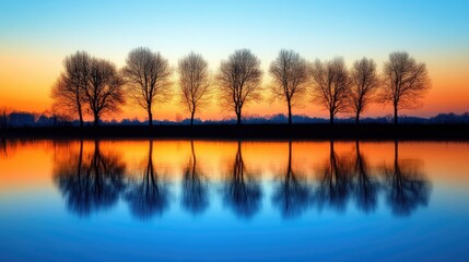 Silhouette of trees reflected in the calm water of a lake during twilight, with a gradient sky of orange and blue