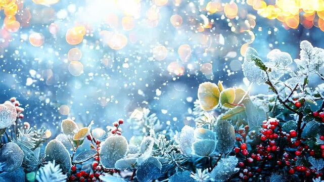 Winter beautiful scene with snowy fir branches, berries, eucalyptus leaves, and festive bokeh. Christmas and New Year background