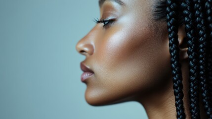 Artistic close-up of a woman&rsquo;s side profile showcasing her beautifully braided hairstyle, highlighting the intricate craftsmanship and elegance, perfect for beauty portraits.