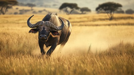 African Buffalo Running Through Grassland