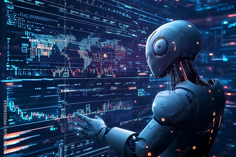 Aufkleber 3d illustration of a robot analyzing global data on a screen