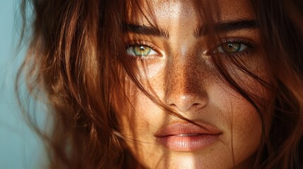 This image showcases a close-up of curly brown hair set against a serene blue background, capturing the texture and shine of the strands in vivid detail.